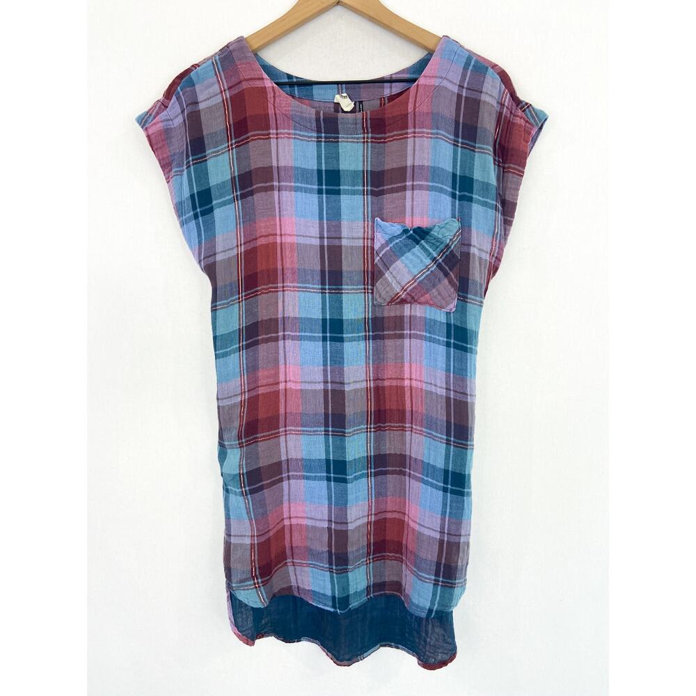 Anthropologie Gauzy Plaid High Low Tunic Top Akemi + Kin Cap Sleeves Small